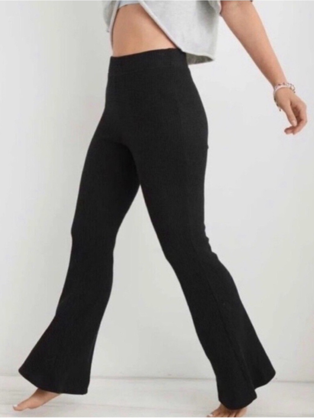 aerie Black waffle knit High-Rise Flare Pants Size Small long
